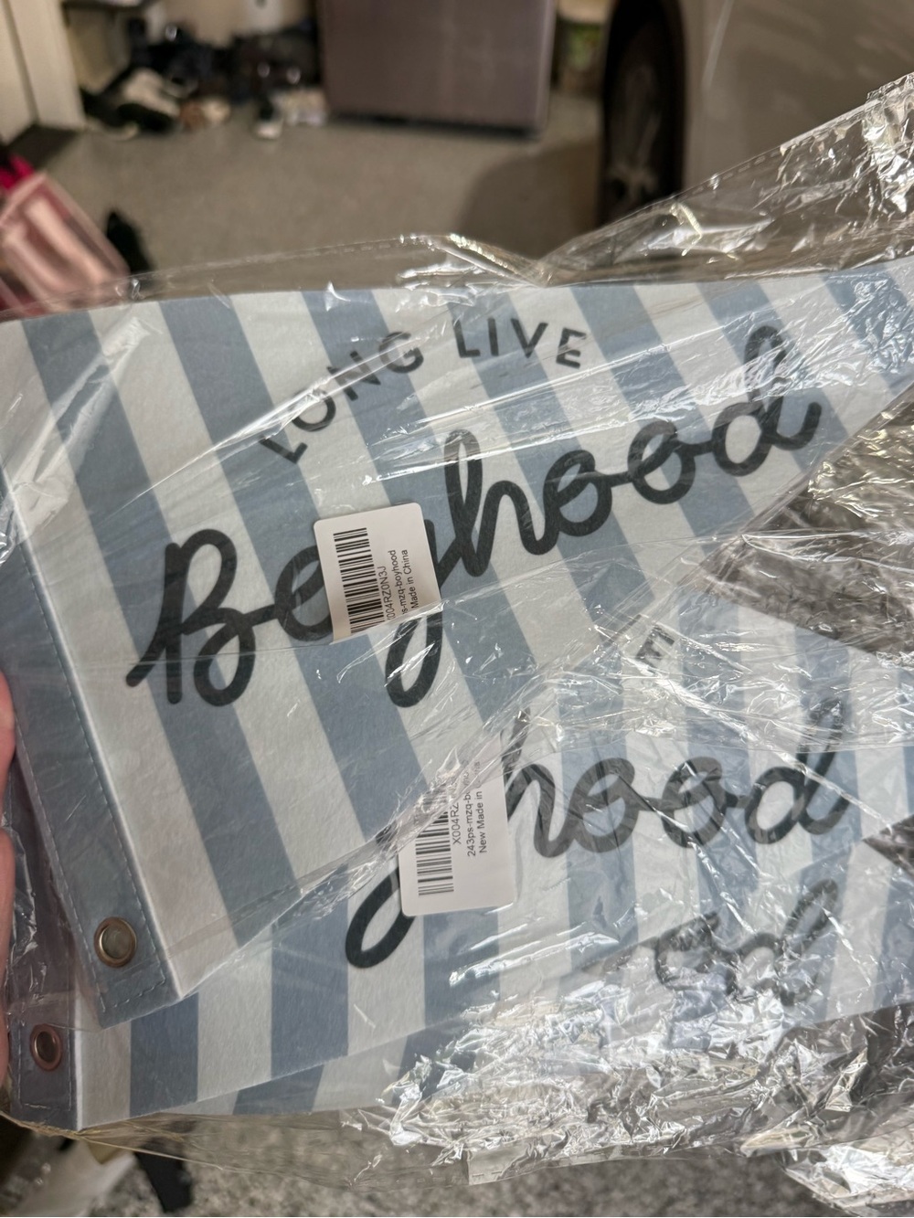 Blue & White Striped 'Boyhood' Decorative Banner nwt